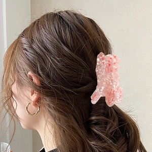 Pince à cheveux caniche rose et boucles d'oreilles dorées sur cheveux bruns