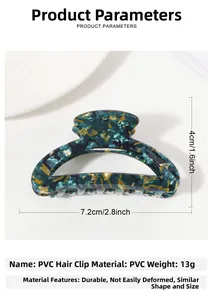 Detail showing marble green and yellow hair claw clip with specific size measurements