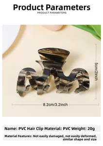Detail of marble pattern PVC hair claw clip showing 8.2cm size and 20g weight specs