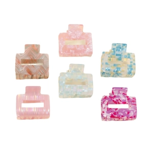 Set of 6 square hollow claw clips in colorful marble and checkerboard patterns