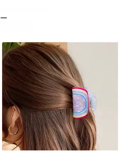 Pince à cheveux violette translucide avec rayures arc-en-ciel sur cheveux bruns