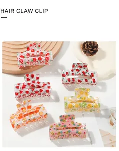 Set of 6 fruit pattern hair claw clips featuring strawberry and lemon acetate designs