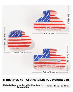 Detailed size specifications for PVC hair claw clips with American flag pattern designs