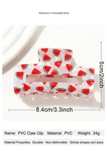 Detailed view of translucent PVC hair claw clip with watermelon print and size dimensions