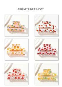 Rectangle hair claws with fruit patterns like strawberry and lemon in a 6-grid display