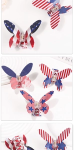 Détail de la pince à cheveux papillon avec motif drapeau USA et ressort doré brillant