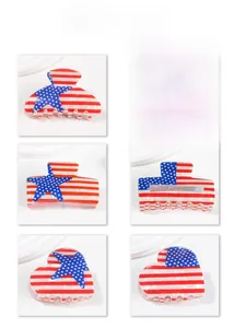 Six different American flag patterns on hair claw clips in various geometric shapes