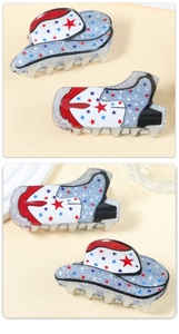Detail of western cowboy hat and boot hair claws with blue glitter and star pattern