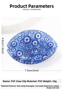 Detailed dimensions of blue evil eye hair claw clip measuring 7.5cm by 4.6cm in PVC