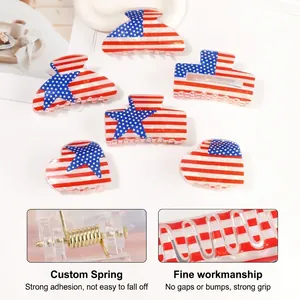 6-pack American flag hair claws in fan, rectangular, and heart shapes with star patterns