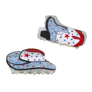 Sparkly silver glitter cowboy hat and boot hair clips with red and blue star patterns