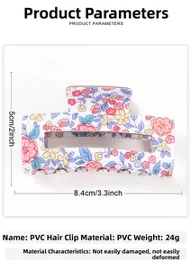 Pinza per capelli in PVC con stampa floreale e dimensioni 8,4 cm e 5 cm su sfondo bianco