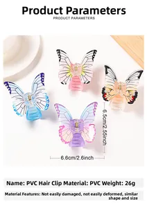 Close-up of PVC butterfly hair claw showing 6.6cm dimensions and four color variants