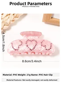 Pink marble texture PVC hair claw clip with rhinestones, 8.6cm x 4.5cm detailed view