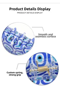 Detail showing high-quality blue Evil Eye hair claw clip with strong golden metal spring