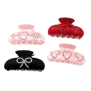 Elegant rhinestone pearl hair claw clips set in pink red and black with LOVE design