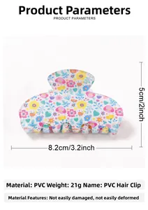 Detaillierte Größenangaben für eine geblümte PVC Haarklammer mit den Maßen 8,2cm x 5cm