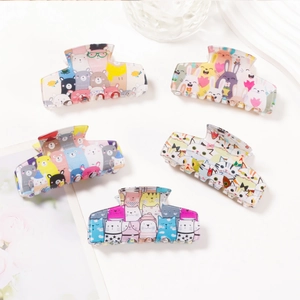 Set of five large acrylic shark hair clips with various cute cartoon animal patterns