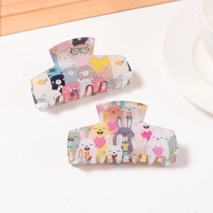 Cute cartoon character hair clips with rabbit and bear prints on polished resin