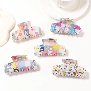 Set of 5 cute cartoon acrylic hair claws with diverse animal prints for women
