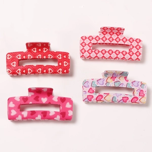 Set of 4 large rectangular hair claws with red and pink heart patterns for women