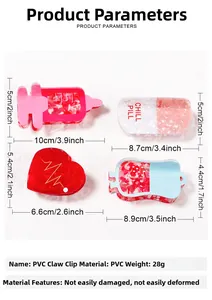 Detailed view of medical themed PVC hair claws with glitter filling and dimensions