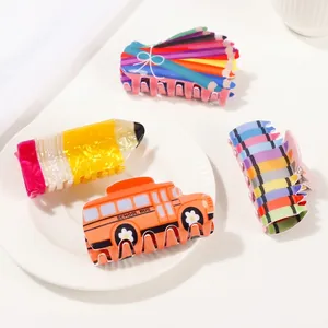 Kreative Cartoon Schulbus Bleistift Wachsmalstift PVC Haarklammern Für Damen Mädchen Große Haarnadel Schulstil Kopfschmuck