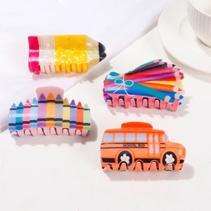 Kreatives Set aus Acryl-Haarklammern mit Bleistift- und Schulbus-Motiven für Damen