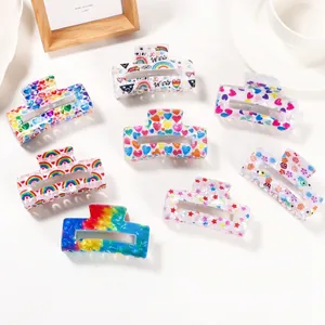 Fashion Square Rainbow PVC Hair Claw Clip For Women Pride Heart Star Print Shark Clip Non-Slip Handmade Hair Accessories