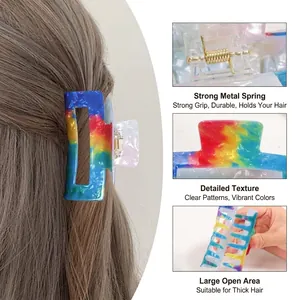 Rainbow marbled PVC claw clip for thick hair showing side view and detailed spring mechanism