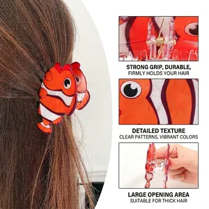 Pinza para el pelo con diseño de pez payaso y resorte metálico fuerte en naranja y blanco