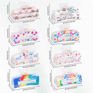 Rainbow marbled PVC hair claw clips set with assorted colorful patterns and hearts