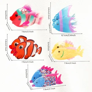 Guía de tallas para pinzas de pelo de PVC con diseños de peces marinos y formas variadas