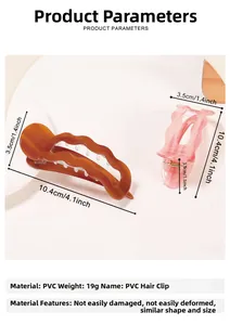 Vista dettagliata con dimensioni e peso delle mollette per capelli ondulate in PVC marrone e rosa
