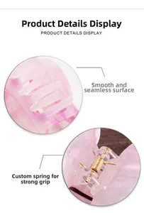 Vue détaillée de la pince à cheveux papillon rose translucide avec ressort en métal doré