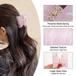 Pince à cheveux papillon marbré rose avec ressort métallique pour cheveux épais
