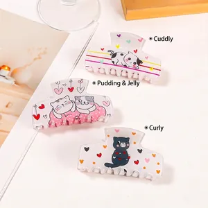 Pinces à cheveux mignonnes en acrylique avec motifs de chats et petits cœurs colorés