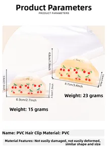 Detailed size specifications for large and small cherry pattern hair claws in marble PVC