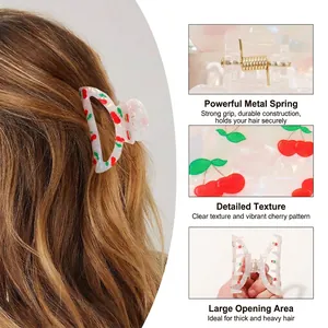 Elegant cherry print claw clip with strong metal spring for thick hair styling