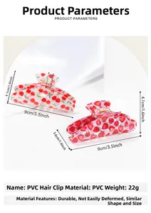 Vue détaillée de la pince à cheveux en PVC motif cerise fraise de 9cm avec dimensions