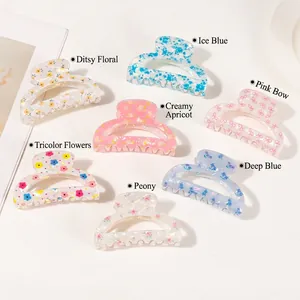 Set of floral acetate hair claw clips in various colors with elegant spring patterns