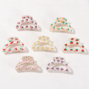 Hollow fruit hair claw clips set with pearlescent finish and colorful patterns
