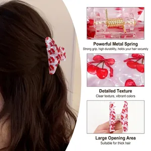 Pince à cheveux motif cerise avec ressort doré pour la coiffure des cheveux épais