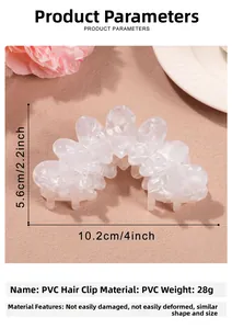 Macro detail of large white pearlescent petal hair claw clip with specific dimensions