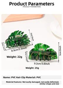 Detail view of PVC monstera leaf hair claws with dimensions and weight specifications