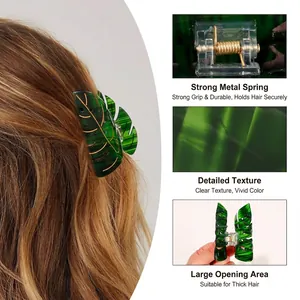 Leaf shaped hair claw clip with golden veins and strong metal spring for thick hair