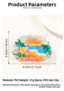 Detail view of shell-shaped hair claw with summer beach print, size 6.9x4.6cm