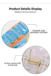 Detail of shell hair claw clip showing blue acetate teeth and strong gold metal spring