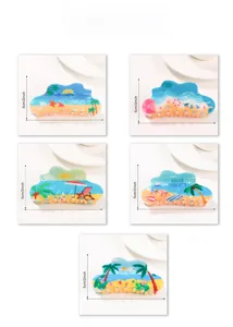 Detail showing five summer beach hair claws with holiday prints and exact measurements