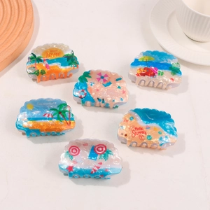 Summer beach theme shell-shaped hair claw clips set with coconut tree and sunset patterns